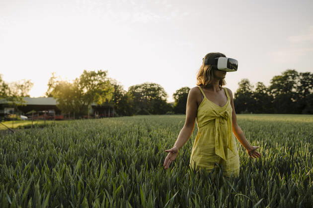 Young woman wearing VR goggles in a grain field in the countryside model released Symbolfoto property released GUSF04280