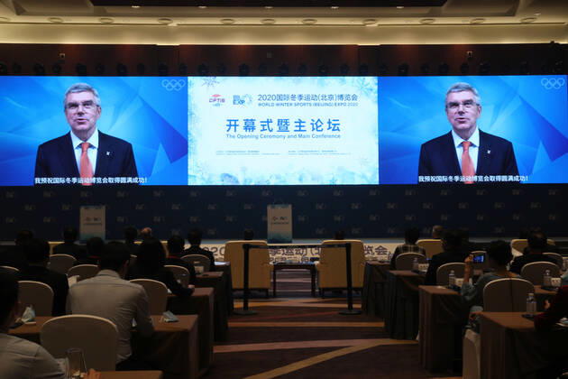 (200905) -- BEIJING, Sept. 5, 2020 -- International Olympic Committee (IOC) President Thomas Bach delivers a speech via video during the opening ceremony of the World Winter Sports (Beijing) Expo 2020 in Beijing, capital of China, on Sept. 5, 2020. ) (SP)CHINA-BEIJING-WINTER SPORTS EXPO (CN) LixMing