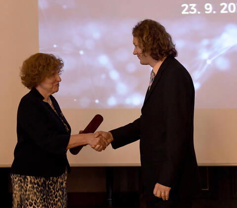 Five Czech scientists have received the Czech Science Foundation (GACR) award for outstanding results achieved within projects funded by GACR and focused on basic research, awarded by Foundation chairwoman Alice Valkarova (left) in Prague, Czech Republic, today, on Wednesday, September 23, 2020. On the photo receives the award from chairwoman mathematician Michal Pavelka. (CTKxPhoto MichalxKrumphanzl) CTKPhotoP202009230735201 kru 2