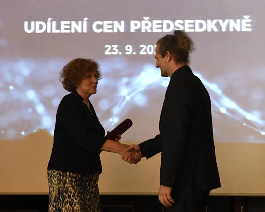 Five Czech scientists have received the Czech Science Foundation (GACR) award for outstanding results achieved within projects funded by GACR and focused on basic research, awarded by Foundation chairwoman Alice Valkarova (left) in Prague, Czech Republic, today, on Wednesday, September 23, 2020. On the photo receives the award from chairwoman mikrobiologist Leos Valasek. (CTKxPhoto MichalxKrumphanzl) CTKPhotoP202009230747901 kru 4
