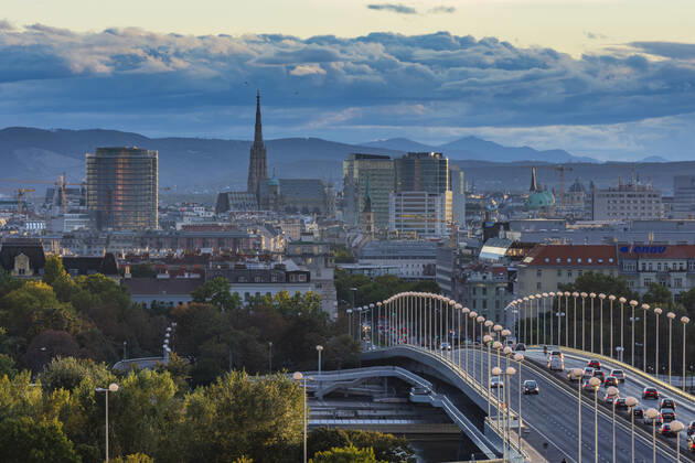 Vienna city center, river Donau (Danube), bridge Reichsbrücke, cathedral Stephansdom, mountain Alps Wien, Vienna Wien Austria 00. overview
