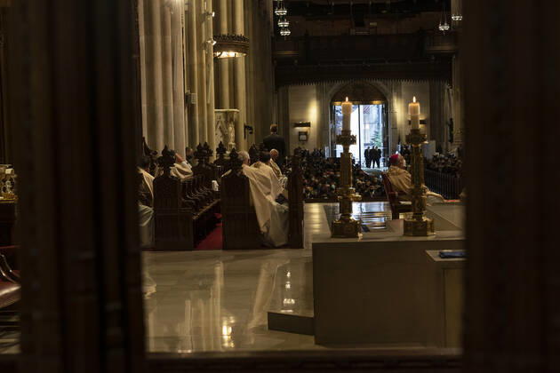 NYPD holds mass for members died of COVID-19 Police commissioner Dermot Shea seen from back of Altar in dark suit speaks as family members and police officers attend NYPD mass honoring members died of COVID-19 at St. Patrick’s Cathedral. 46 members of NYPD Died during pandemic so far and many of them did not receive proper funeral due to pandemic restrictions. Almost 20% of NYPD members were sick with coronavirus during pick of pandemic in the city. Cardinal Timothy Dolan lead the mass. Mayor Bill de Blasio and Police commissioner Dermot Shea speak. New York New York United States Copyright: LevxRadin