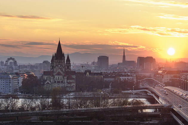 Vienna city center, river Donau (Danube), bridge Reichsbrücke, church Franz von Assisi, cathedral Stephansdom, Ferris Wheel in Prater, sunset Wien, Vienna Wien Austria 00. overview