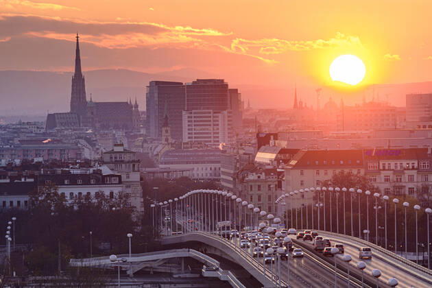 Vienna city center, river Donau (Danube), bridge Reichsbrücke, cathedral Stephansdom, sunset Wien, Vienna Wien Austria 00. overview