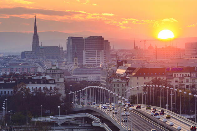 Vienna city center, river Donau (Danube), bridge Reichsbrücke, cathedral Stephansdom, sunset Wien, Vienna Wien Austria 00. overview