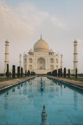 Taj Mahal reflection at sunrise as seen from Char Bagh pool, Agra, India Agra, UP, India CR_JALO201130-571733-01