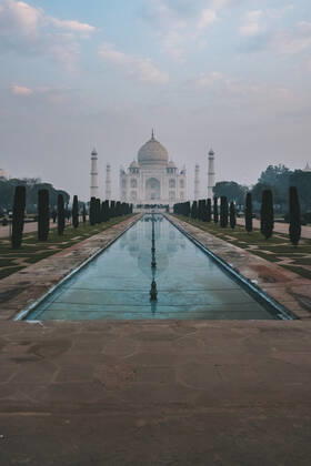 Taj Mahal reflection at sunrise as seen from Char Bagh pool, Agra, India Agra, UP, India CR_JALO201130-571734-01