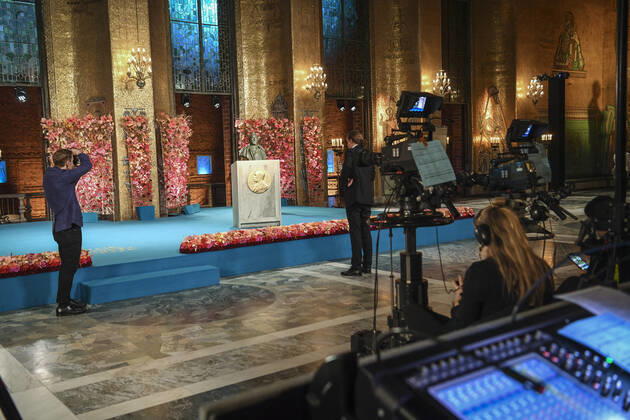 Preparations underway before the start of the the Nobel Prize ceremony in the Golden Hall in the City Hall of Stockholm, Sweden, on Dec 10, 2020 Due to the corona Covid 19 pandemic, a digital awards ceremony takes place at the Stockholm City Hall with no Lauerates present, and parts of the ceremony is pre produced STOCKHOLM SWEDEN x10080x,  Copyright: xFredrikxSandberg TTx SWEDEN NOBEL CEREMONY