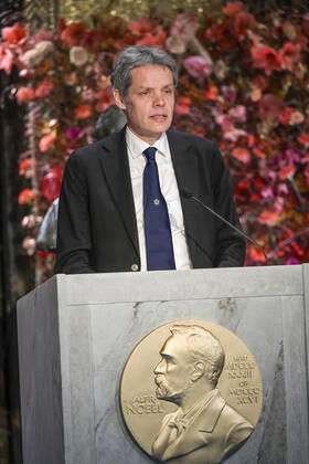 Professor Ulf Danielsson, Member of the Nobel Committee, presents the winners of this years Nobel Prize in Physics during the the Nobel Prize ceremony in the Golden Hall in the City Hall of Stockholm, Sweden, on Dec 10, 2020 Due to the corona Covid 19 pandemic, a digital awards ceremony takes place at the Stockholm  Copyright: xFredrikxSandberg TTx SWEDEN NOBEL CEREMONY