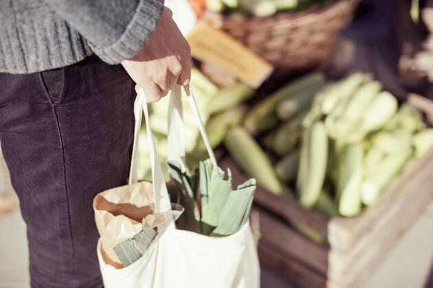 Midsection of man carrying vegetable bag in market , model released Copyright: xMaskotx , MA38409