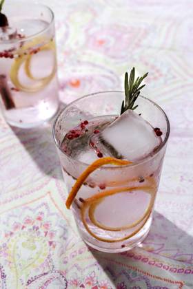 Gin tonic cocktail with pink tonic water, pink pepper, rosemary, mint,cinnamon,lemon and orange in the sunlight on a restaurant table Copyright: xEduardoxLopezx Model Released
