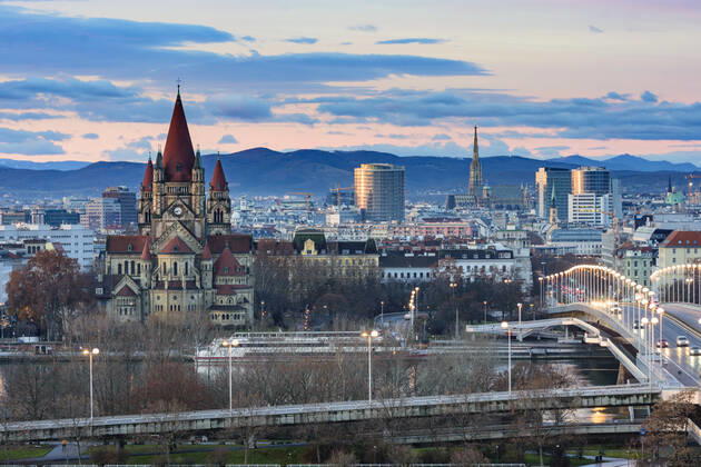 Vienna city center, river Donau (Danube), bridge Reichsbrücke, church Franz von Assisi, cathedral Stephansdom (St. Stephen s Cathedral) Wien, Vienna Wien Austria 00. overview