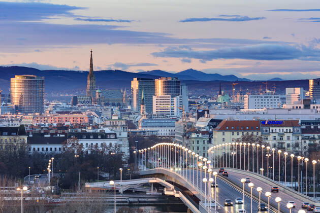 Vienna city center, river Donau (Danube), bridge Reichsbrücke, cathedral Stephansdom (St. Stephen s Cathedral) Wien, Vienna Wien Austria 00. overview