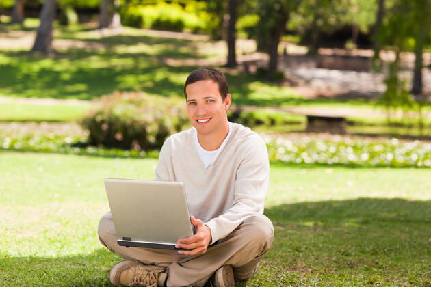 Man working on his laptop in the park Man working on his laptop in the park during the summer, model releasedadult, attractive, carefree, garden, green, greenery, handsome, happiness, happy, leisure, lifestyle, male, men, middle, one, outdoor, outside, park, people, person, relax, relaxation, single, sit, smile, summer, young, man, smiling, portrait, park, tree, laptop, working,