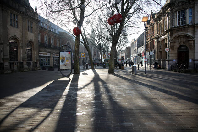 Peterborough City centre on the first weekend of Lockdown Three , in Peterborough, Cambridgeshire. Again, people are not allowed to leave home except for minimal food shopping, medical treatment, exercise - once a day, and essential work.