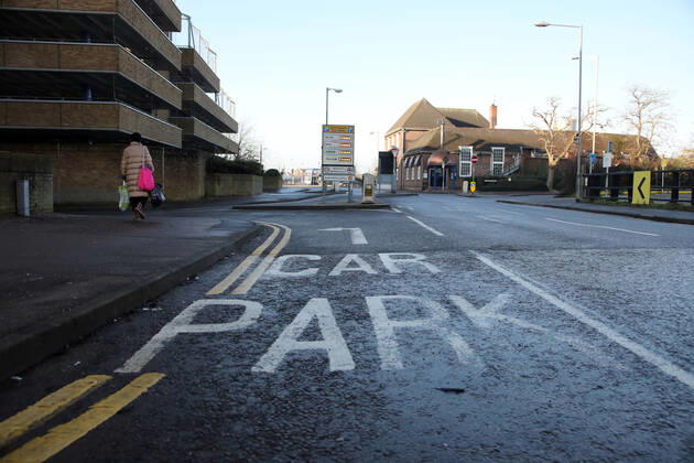 The Queensgate Shopping Centre car parks are all closed on the first weekend of Lockdown Three , in Peterborough, Cambridgeshire. Again, people are not allowed to leave home except for minimal food shopping, medical treatment, exercise - once a day, and essential work. 