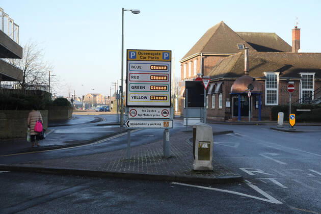 The Queensgate Shopping Centre car parks are all closed on the first weekend of Lockdown Three , in Peterborough, Cambridgeshire. Again, people are not allowed to leave home except for minimal food shopping, medical treatment, exercise - once a day, and essential work. 