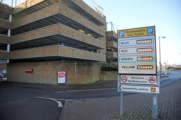 The Queensgate Shopping Centre car parks are all closed on the first weekend of Lockdown Three , in Peterborough, Cambridgeshire. Again, people are not allowed to leave home except for minimal food shopping, medical treatment, exercise - once a day, and essential work. 