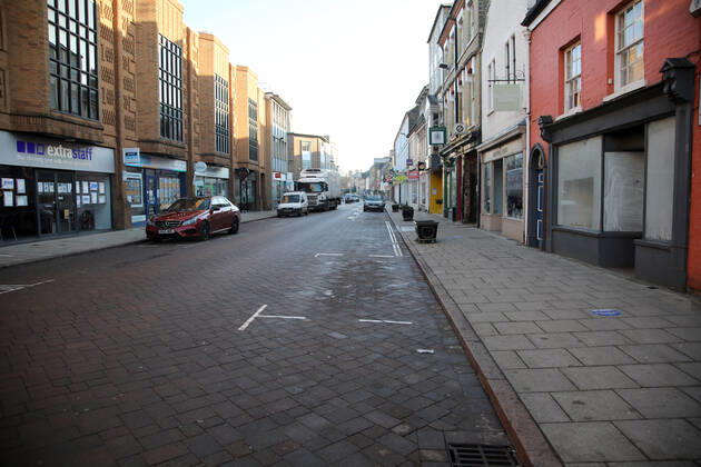 Cowgate on the first weekend of Lockdown Three , in Peterborough, Cambridgeshire. Again, people are not allowed to leave home except for minimal food shopping, medical treatment, exercise - once a day, and essential work. 