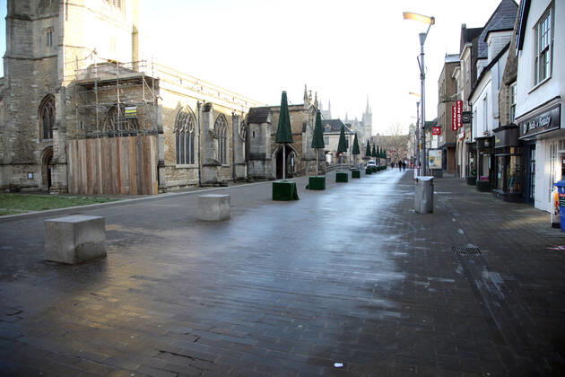 Peterborough City centre is on the first weekend of Lockdown Three , in Peterborough, Cambridgeshire. Again, people are not allowed to leave home except for minimal food shopping, medical treatment, exercise - once a day, and essential work. 