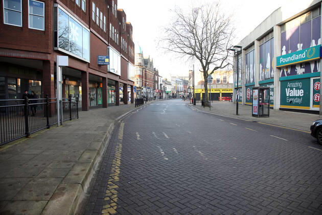Midgate on the first weekend of Lockdown Three , in Peterborough, Cambridgeshire. Again, people are not allowed to leave home except for minimal food shopping, medical treatment, exercise - once a day, and essential work. 