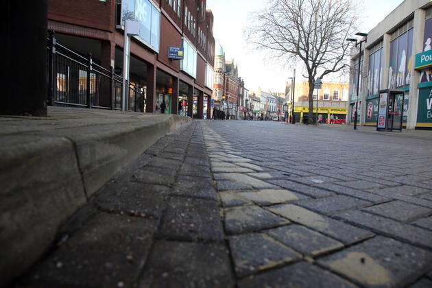 Midgate on the first weekend of Lockdown Three , in Peterborough, Cambridgeshire. Again, people are not allowed to leave home except for minimal food shopping, medical treatment, exercise - once a day, and essential work.