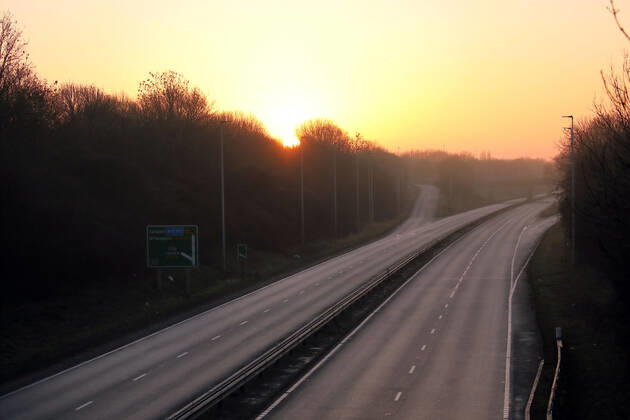 No traffic on the Thorpe parkway just after sunrise as the public has been told to stay at home where possible and avoid unnecessary travel, on the first weekend of Lockdown Three , in Peterborough, Cambridgeshire. Again, people are not allowed to leave home except for minimal food shopping, medical treatment, exercise - once a day, and essential work. 