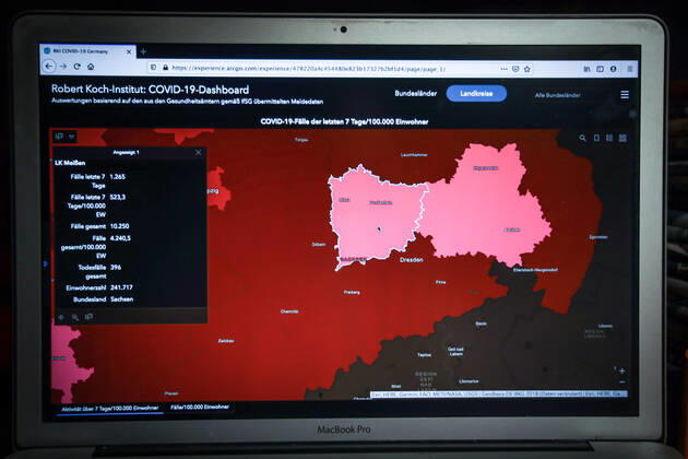 Coronavirus in Deutschland - Covid-19-Dashboard des Robert Koch-Institut DEU, Deutschland, Sachsen, Landkreis Meißen 10.01.2021: Die 7-Tage-Inzidenz (Fälle letzte 7 Tage 100.000 EW) beträgt 523,3