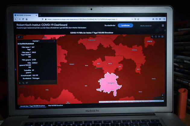 Coronavirus in Deutschland - Covid-19-Dashboard des Robert Koch-Institut DEU, Deutschland, Thüringen, Landkreis Saalfeld-Rudolstadt 10.01.2021: Die 7-Tage-Inzidenz (Fälle letzte 7 Tage 100.000 EW) beträgt 530,0