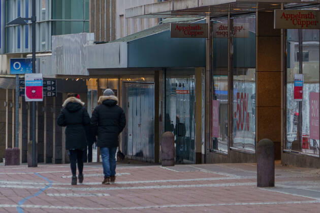Kieler Innenstadt während des Corona-Lockdowns im Januar 2021 weitgehend leere Straßen -;Kieler Innenstadt während des Corona-Lockdowns im Januar 2021 weitgehend leere Straßen -, Kiel Schleswig-Holstein Deutschland Innenstadt