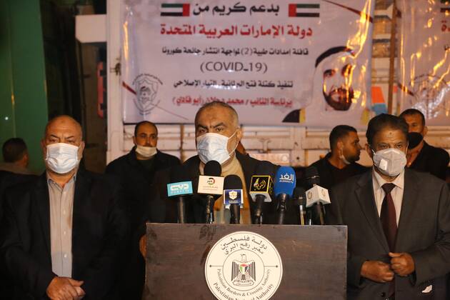 January 10, 2021, Rafah, Gaza Strip, Palestinian Territory: Hamas leader, Ghazi Hamad, speaks during a press conference during the entry of medical aid from the United Arab Emirate, in Rafah border crossing in the southern of Gaza Strip, on January 10, 2021. The second shipment of Emirati medical aid arrived in the Gaza Strip this evening, which includes medical aid provided to the Ministry of Health in the Gaza Strip, to enhance health efforts in the face of the Corona pandemic, including an oxygen production plant with all its accessories, respirators and other medical equipment Rafah Palestinian Territory - ZUMAap3_ 20210110_zaf_ap3_101 Copyright: xAshrafxAmrax