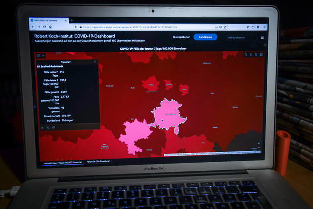 Coronavirus in Deutschland - Covid-19-Dashboard des Robert Koch-Institut DEU, Deutschland, Thüringen, Landkreis Saalfeld-Rudolstadt 12.01.2021: Die 7-Tage-Inzidenz (Fälle letzte 7 Tage 100.000 EW) beträgt 595,9