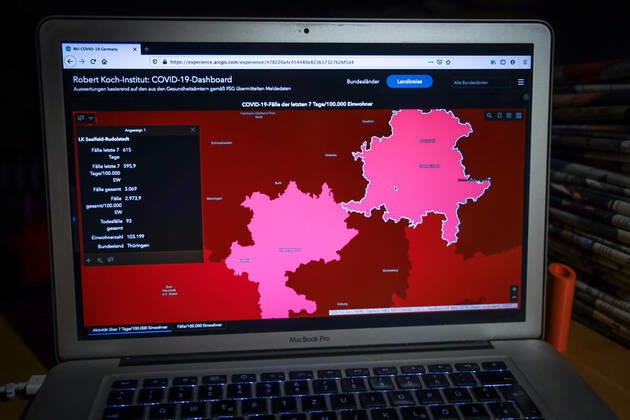Coronavirus in Deutschland - Covid-19-Dashboard des Robert Koch-Institut DEU, Deutschland, Thüringen, Landkreis Saalfeld-Rudolstadt 12.01.2021: Die 7-Tage-Inzidenz (Fälle letzte 7 Tage 100.000 EW) beträgt 595,9