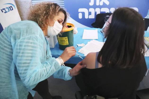 Coronavirus vaccination in Israel A woman (R) receives a vaccine against the novel coronavirus in Jerusalem on Jan. 5, 2021. Israel has vaccinated about 1,850,000 people, roughly one-fifth of its population, as of Jan. 12, the fastest vaccination pace in the world. 