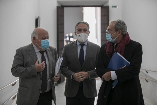 (L-R) The Minister of Health and Families, Jesus Aguirre; the Minister of the Presidency, Public Administration and the Interior and Spokesperson of the Andalusian Government, Elias Bendodo; and the Minister of Economic Transformation, Rogelio Velasco on his arrival at the conference following the meeting of the Governing Council of the Andalusian Regional Government. At the San Telmo Palace, Seville (Andalusia, Spain), on 12 January 2021. 12 JANUARY 2021 Maria JosÃ Lopez LagenciaEP 01 12 2021 Seville (Andalusia) Seville (Andalusia) Spain Copyright: xMariaxJosÃ xLopezx 3513757