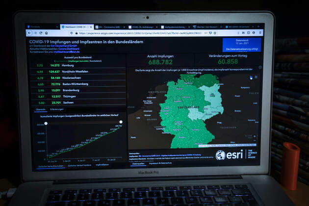 News Bilder des Tages Coronavirus in Deutschland - COVID-19 Impfungen -Dashboard 13.01.2021: Esri Deutschland GmbH auf Basis des Digitalen Impfquotenmonitoring zur COVID-19-Impfung des RKI - Anzahl Impfungen 688.782