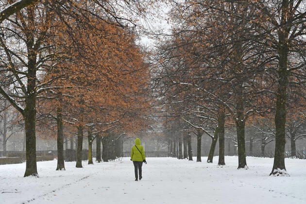 Themenbild Winter in der Coronavirus Pandemie. Verlaengerung Lockdown bis 31.Januar 2021, Stadt Muenchen -Blick in den Hofgarten-nur eine Perosn geht auf einem verschneiten Weg am 12.01.2021.