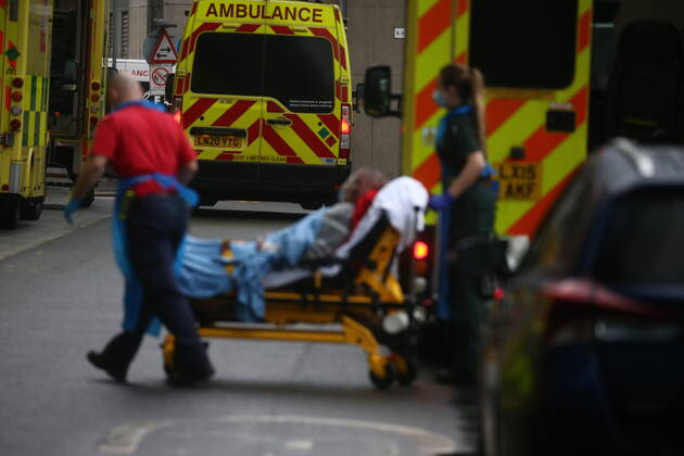 . 13 01 2021. London, United Kingdom. Patients arriving at the Royal London Hospital. A line of ambulances outside the hospital as the NHS is under extreme pressure. Royal London Hospital. Whitechapel.  xMarkxThomasx xi-Imagesx IIM-21981-0004