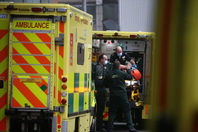 . 13 01 2021. London, United Kingdom. Patients arriving at the Royal London Hospital. A line of ambulances outside the hospital as the NHS is under extreme pressure. Royal London Hospital. Whitechapel.  xMarkxThomasx xi-Imagesx IIM-21981-0009