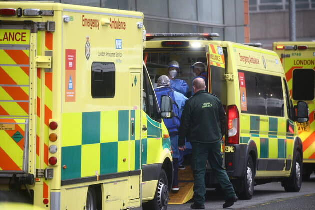 . 13 01 2021. London, United Kingdom. Patients arriving at the Royal London Hospital. A line of ambulances outside the hospital as the NHS is under extreme pressure. Royal London Hospital. Whitechapel.  xMarkxThomasx xi-Imagesx IIM-21981-0012
