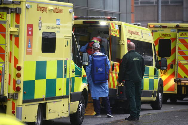 . 13 01 2021. London, United Kingdom. Patients arriving at the Royal London Hospital. A line of ambulances outside the hospital as the NHS is under extreme pressure. Royal London Hospital. Whitechapel.  xMarkxThomasx xi-Imagesx IIM-21981-0013