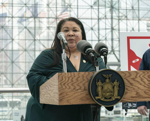 NY: Opening of mass vaccination site at Jacob Javits Center Secretary of State Rossana Rosado speaks during opening of vaccination site at Jacob Javits Center. Health care personnel, medical examiners, funeral workers, coroners, essential workers, police officers, firefighters, people older than 65 and more eligible right now to get vaccination in New York State. New York New York United States Copyright: LevxRadin