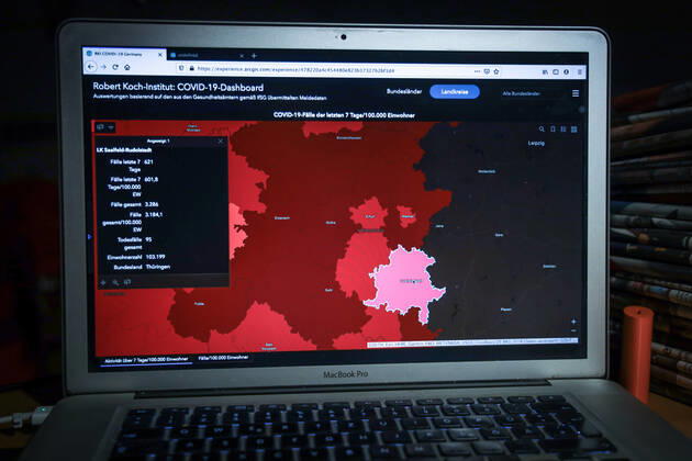 Coronavirus in Deutschland - Covid-19-Dashboard des Robert Koch-Institut DEU, Deutschland, Thüringen, Landkreis Saalfeld-Rudolstadt 14.01.2021: Die 7-Tage-Inzidenz (Fälle letzte 7 Tage 100.000 EW) beträgt 600,8