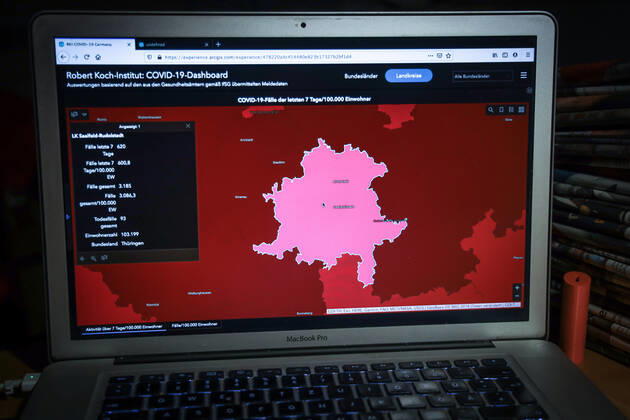 Coronavirus in Deutschland - Covid-19-Dashboard des Robert Koch-Institut DEU, Deutschland, Thüringen, Landkreis Saalfeld-Rudolstadt 14.01.2021: Die 7-Tage-Inzidenz (Fälle letzte 7 Tage 100.000 EW) beträgt 600,8