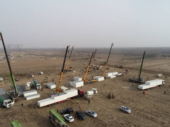 SHIJIAZHUANG, CHINA - JANUARY 14: Aerial view of the construction site of a centralized quarantine site with a total of 3,000 prefabricated rooms on January 14, 2021 in Shijiazhuang, Hebei Province of China.  Copyright: xVCGx CFP111313813862