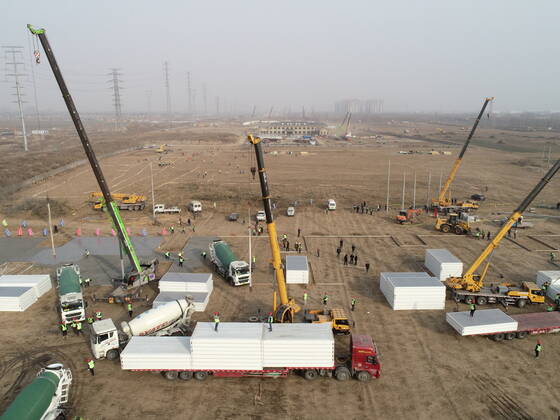SHIJIAZHUANG, CHINA - JANUARY 14: Aerial view of the construction site of a centralized quarantine site with a total of 3,000 prefabricated rooms on January 14, 2021 in Shijiazhuang, Hebei Province of China.  Copyright: xVCGx CFP111313813860