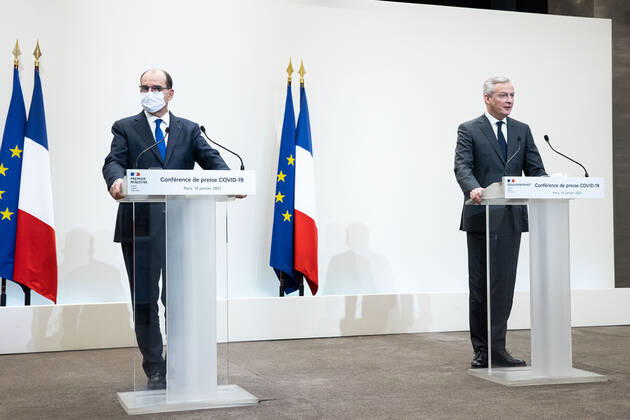 Paris, France, January 14, 2021 - French Economy and Finance Minister Bruno Le Maire (R) speaks next to French Prime Minister Jean Castex during a press conference in Paris on January 14, 2021, on the current French government strategy for the ongoing coronavirus (Covid-19) epidemic.  Copyright: xAlexisxSciardx
