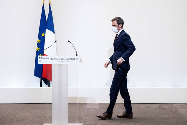 Paris, France, January 14, 2021 - French Minister for Health Olivier Veran speaks during a press conference in Paris on January 14, 2021, on the current French government strategy for the ongoing coronavirus (Covid-19) epidemic.  Copyright: xAlexisxSciardx