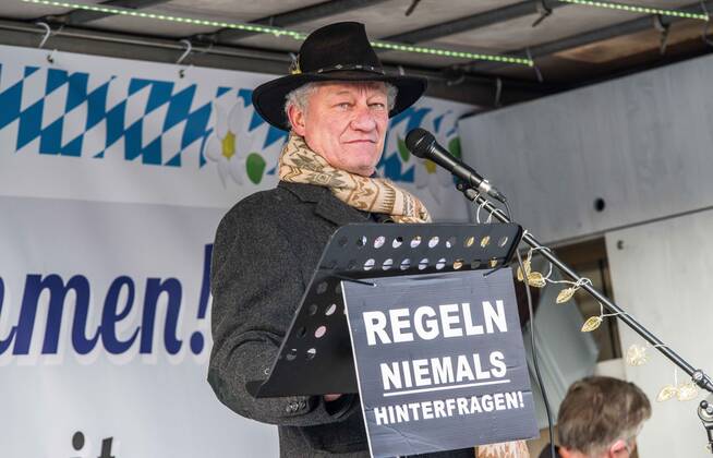 January 15, 2021, Fuerstenfeldbruck, Bavaria, Germany: KARL HILZ, former Munich police officer and now a prominent figure in the converging conspiracy, libertarian, far- to extreme-right, sovereign citizen, and Corona denial scenes. Organized by the Querdenken Corona Rebel participating â€oePolizeifuer Aufklaerung†group (Police for Education), a demonstration was held at theoffices of the Fuerstenfeldbruck Criminal Police Unit (Kriminalpolizei, KriPo). The FFB KriPo raided the offices of prominenthomeopath doctor Rolf Kron in Kaufering who is alleged to have been producingfake medical certificates for Coronaanti-maskers. Fuerstenfeldbruck Germany - ZUMAb160 20210115_zbp_b160_011 Copyright: xSachellexBabbarx