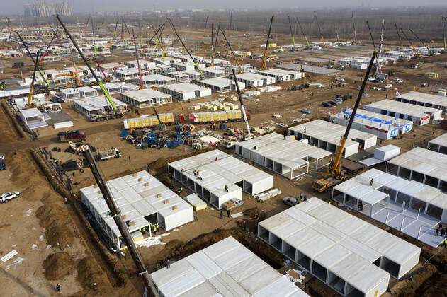 SHIJIAZHUANG, CHINA - JANUARY 16: Aerial view of the construction site of a centralized quarantine site with a total of 3,000 prefabricated rooms amid the coronavirus outbreak on January 16, 2021 in Shijiazhuang, Hebei Province of China.  Copyright: xVCGx CFP111313953220